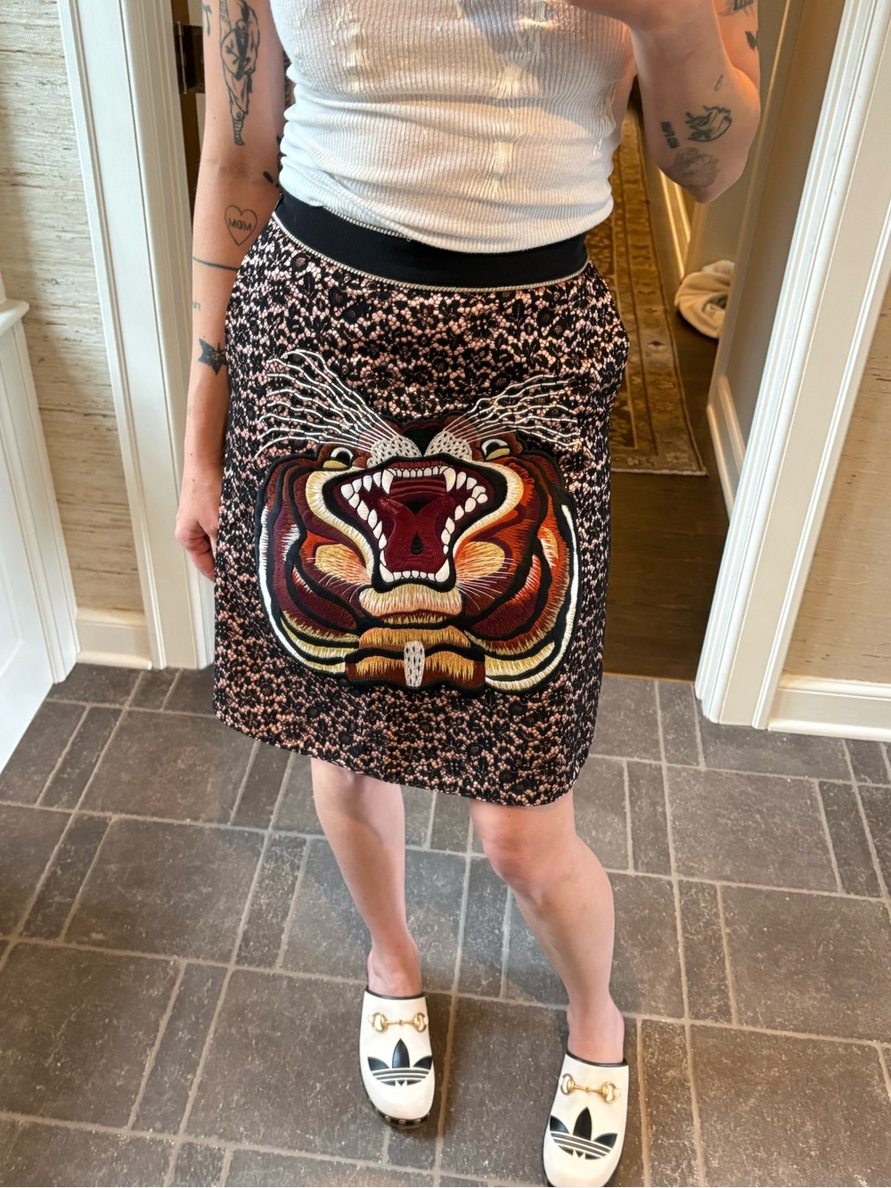 Gucci Tiger Appliqué Mini Skirt in Black, Brown and Red